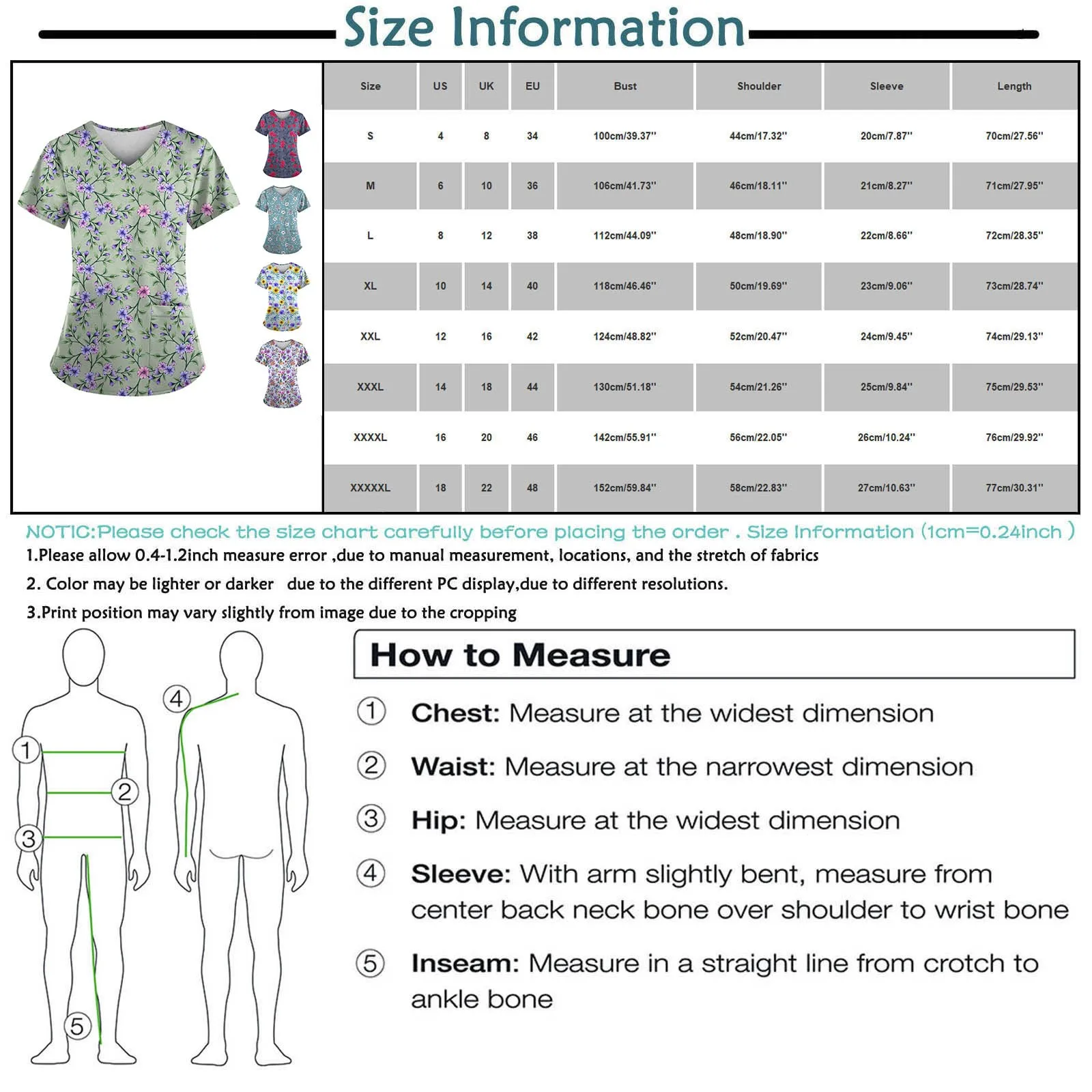 レディース半袖Vネックワークウェア花柄プリント作業服カジュアル医療クリニック看護ブラウスシャツ