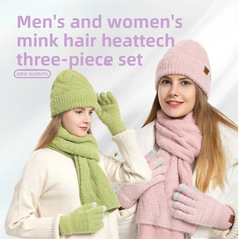 Roupas femininas elegantes e bonitas de inverno, chapéu de proteção de ouvido quente e resistente ao frio, cachecol, luvas, conjunto de três peças