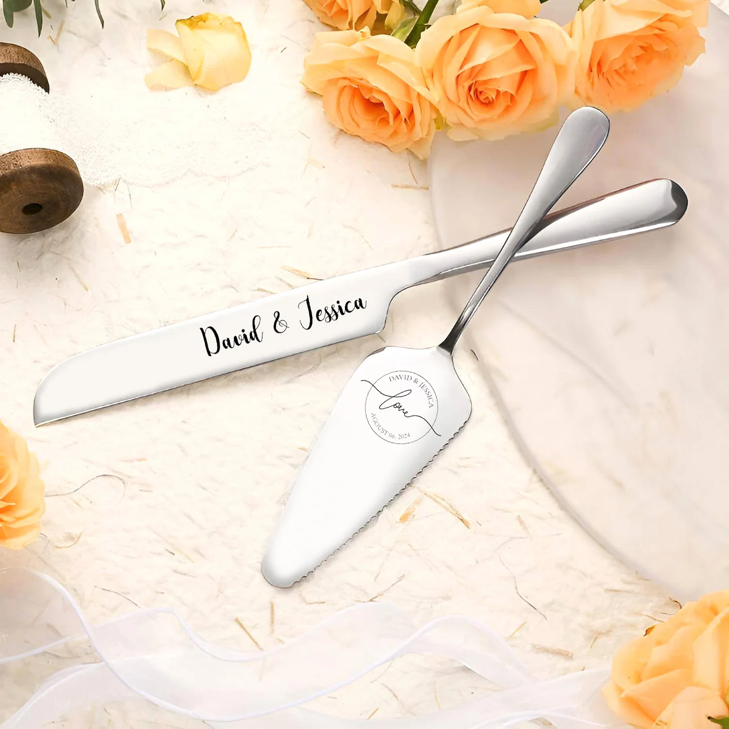 Set di coltelli da taglio per torte da 2 pezzi, accessori per feste di matrimonio, coltello da taglio personalizzato con incisione Laser di souvenir