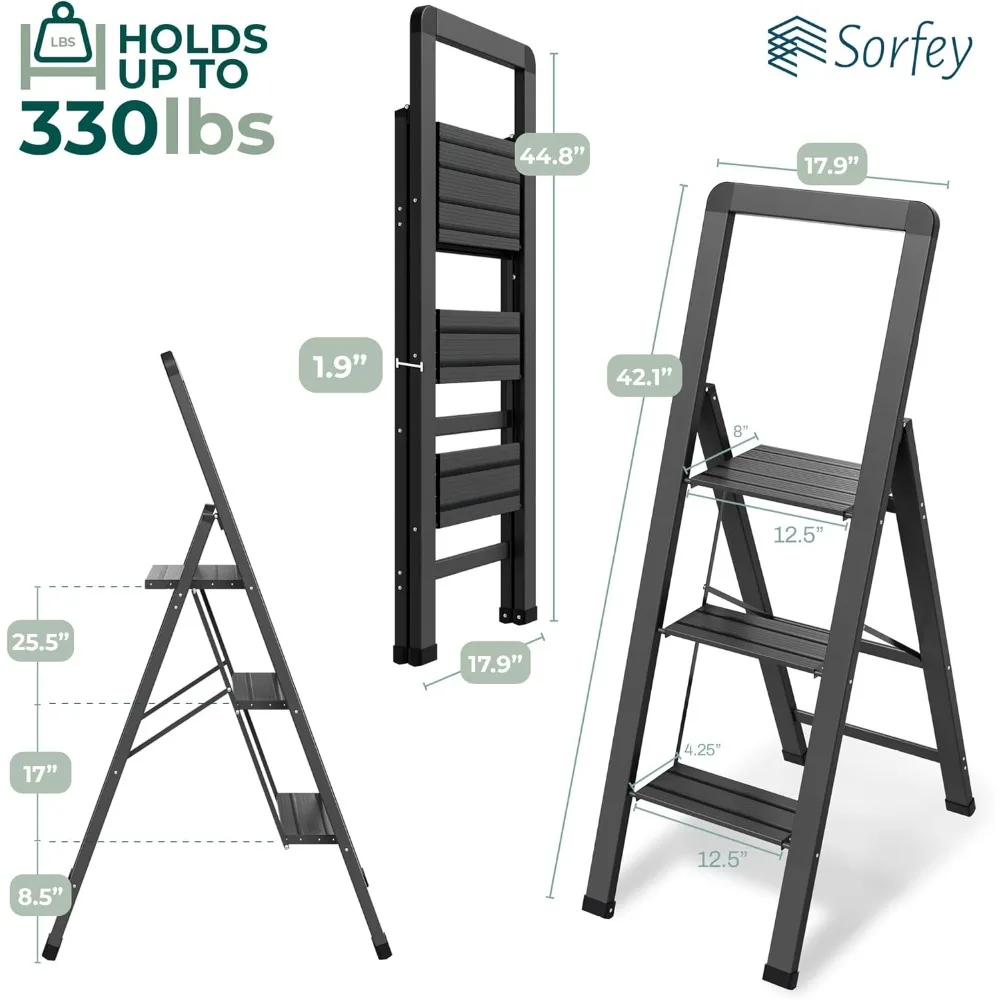 Escada dobrável de 3 degraus, design moderno de alumínio preto, mecanismo de bloqueio, perfil fino, degraus antiderrapantes, resistente e segura para uso doméstico