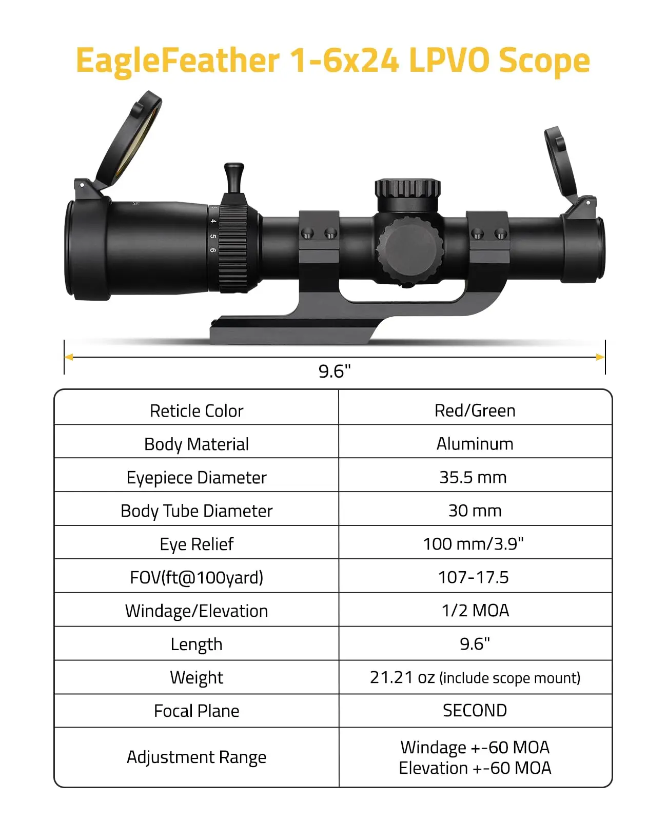 CVLife Eaglefeather 1-6x24 LPVO Escopo Optics Riflescope Reticle Sfp Reticular Reticular com Montagem de cantilever de 30 mm e redefinição zero
