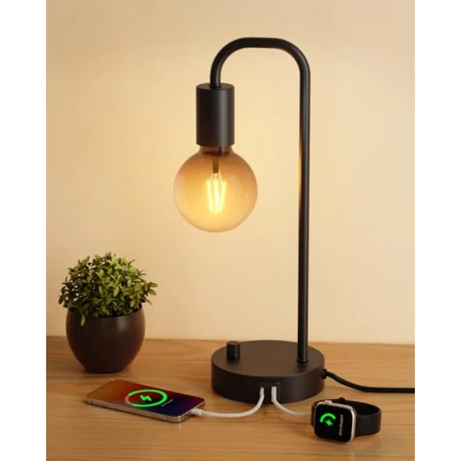 Industrial Table Lamp with 2 Port Fully Dimmable Nightstand Bedside Lamps for Bedroom Desk Lamps with 700K Gradient Bulb for Re