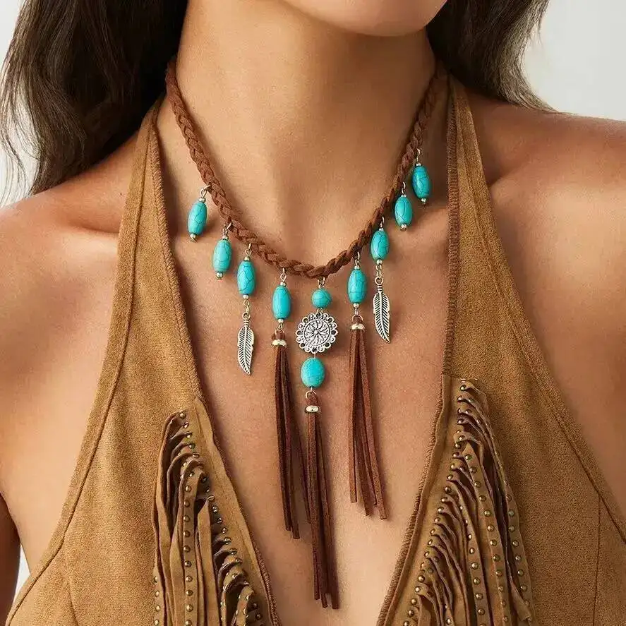 SHIXIN Vintage Brown Velvet Tassel Weave Rope Chain Necklace for Women Simple Flower Feather Pendant Necklace Fashion Jewelry