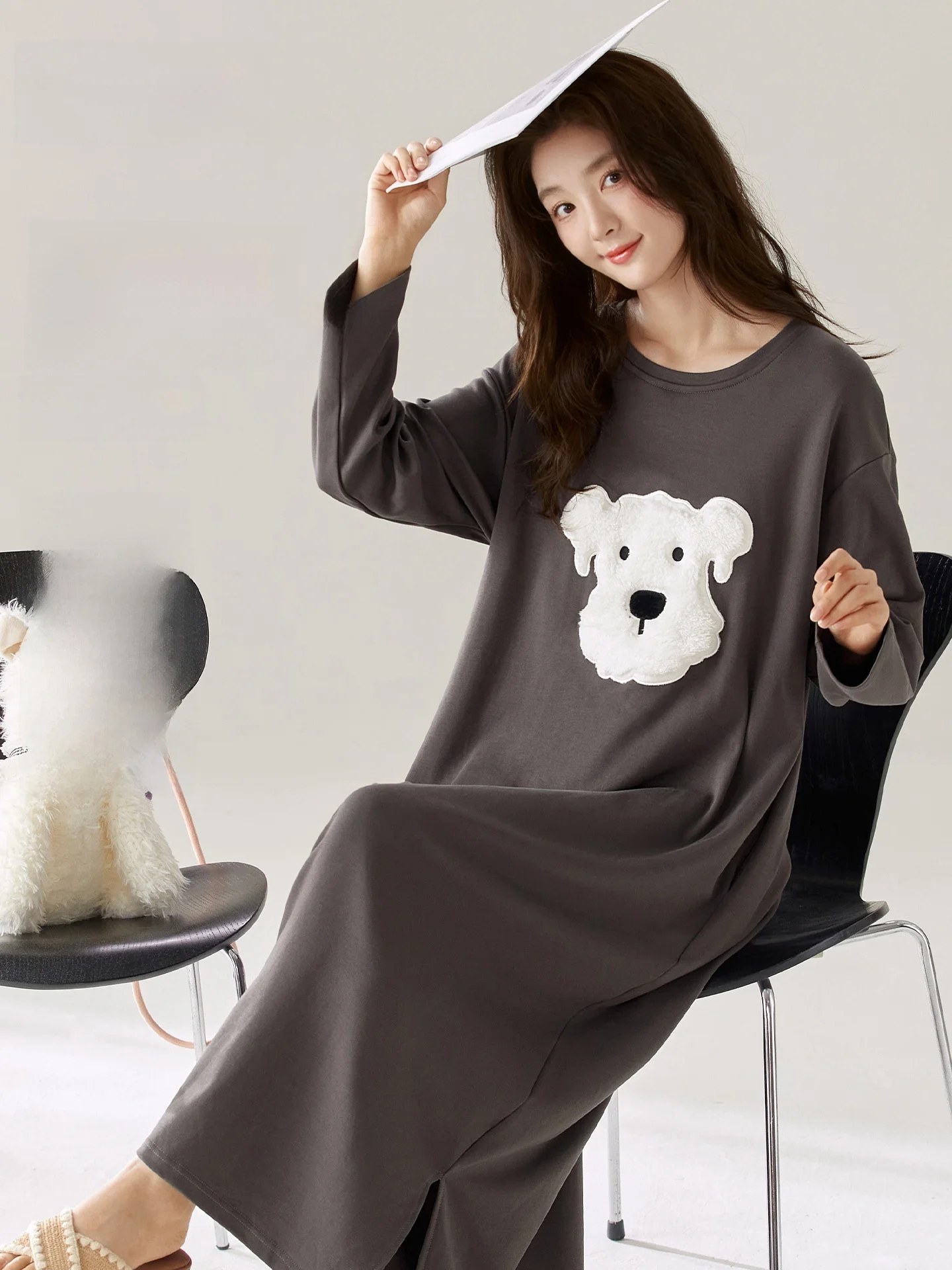 Ultra Soft Long Sleepwear round Neck Cartoon Dog Print Women's Nightgown Comfortable Loose Fit Home Outfit Cotton Blend
