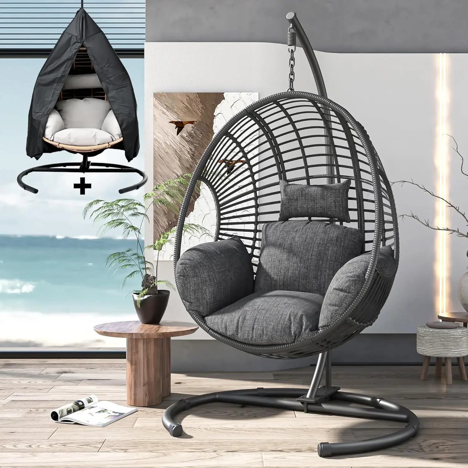 Oversized Hanging Egg Chair Outdoor Wicker Swing Chair with Stand Rain Cover UV Resistant Cushion , Garden and Balcony