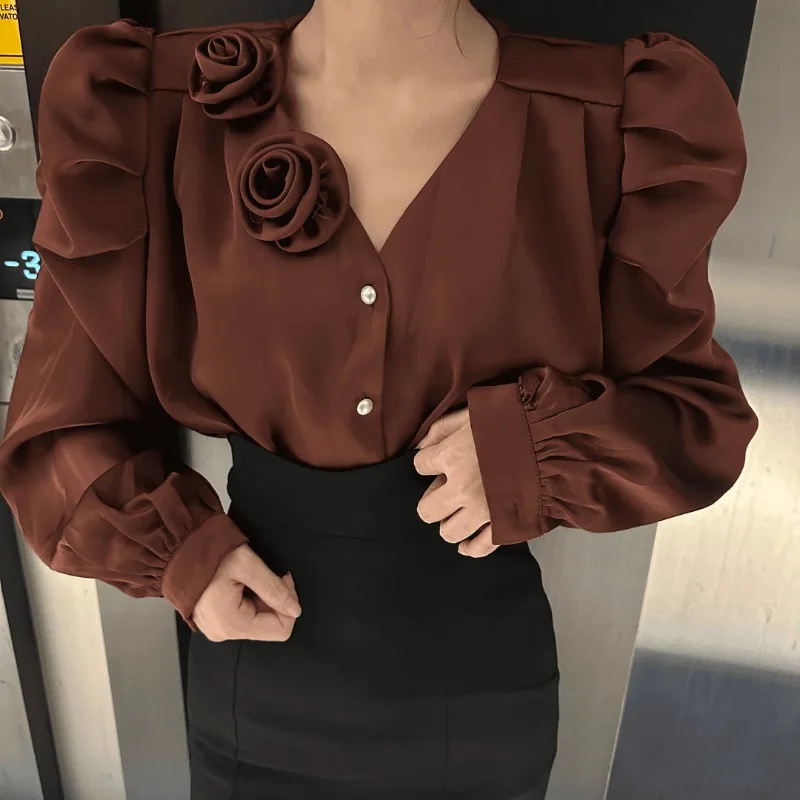 Women French Style Vintage 3D Rose Luxury Design Shirt Office Lady Elegant Business Casual Blouse Solid V Neck Long Sleeve Tops