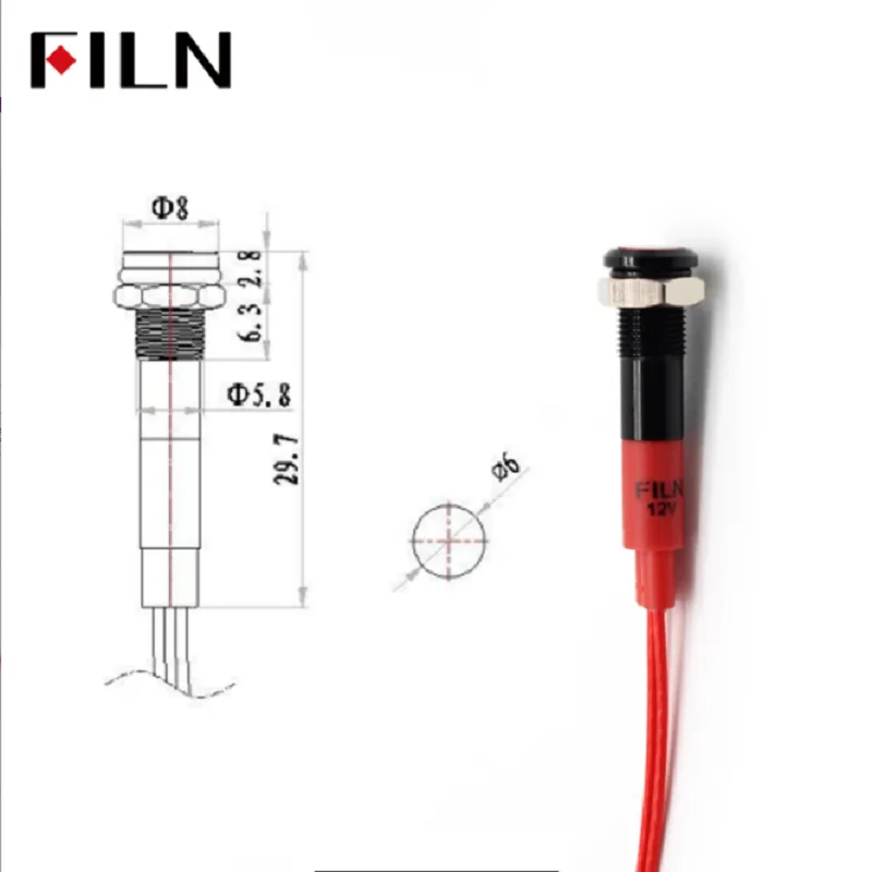 FILN 1 pz 6mm mini 12v 24V LED Indicatore luminoso in metallo piatto luce pilota lampada di segnalazione rosso verde blu arancione bianco con cavo da 20 cm