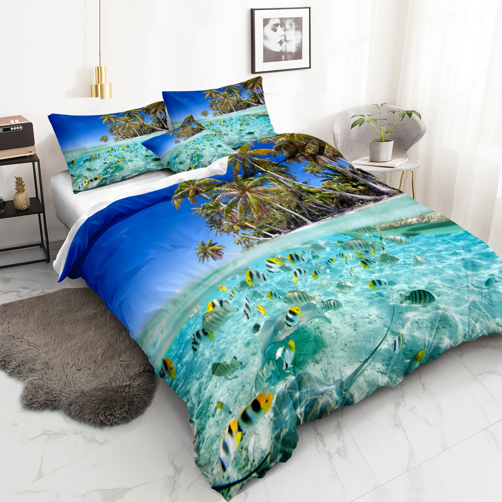 Coastal Beach Duvet Cover Set Ocean Bedding Set Palm Trees Tropical Fish Printed Home Decor Hawaiian Style Duvet Cover for Kids