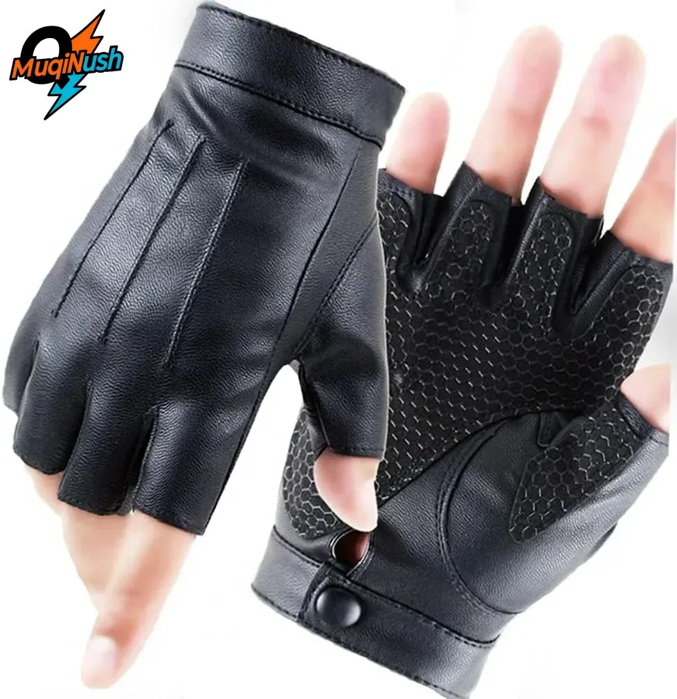 

MuqiNush Men Women Fingerless Half Finger Driving PU Leather Gloves Outdoor Sport Faux with Anti-Slip Layer Waterproof Black