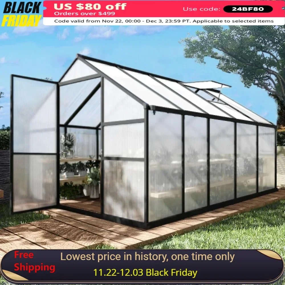 8 x 10 FT Greenhouse with Adjustable Roof Vent, Polycarbonate Garden Backyard Green house, Aluminum Large Walk-in Greenhouse