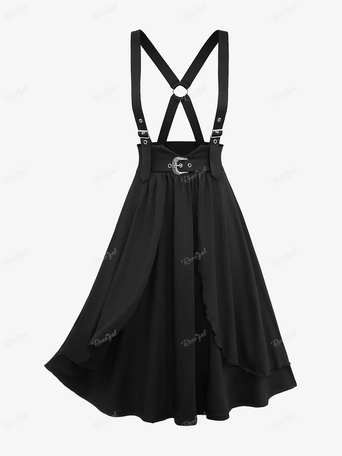 ROSEGAL Plus Size Grommets Buckle Crisscross Ruffles Layered Suspender Skirt Women Spring,Summer Casual Basic Skirts Black 4XL