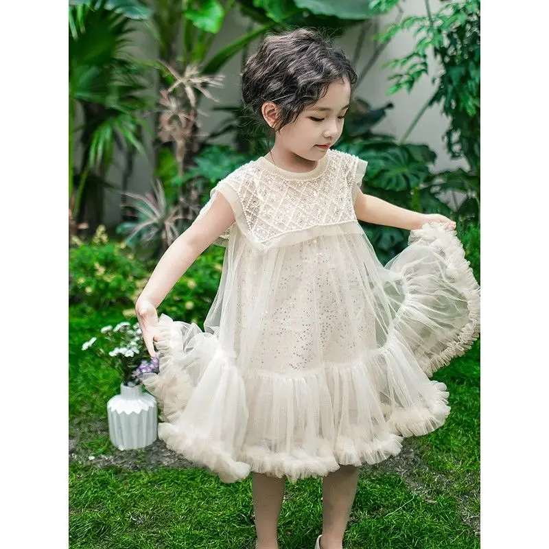 New 2024 Girls Prin cess Dress Casual Spring Summer Children's Wear Korean Pearl Neck Princess Dress Fashion Yarn Dress Dress