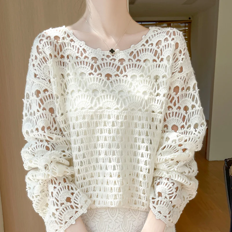 Women's Crochet Cashmere Sweater Long Sleeved Loose Solid Color Pullover With Hollow Out Fashion AutumnSpring Knitted Jumper Top