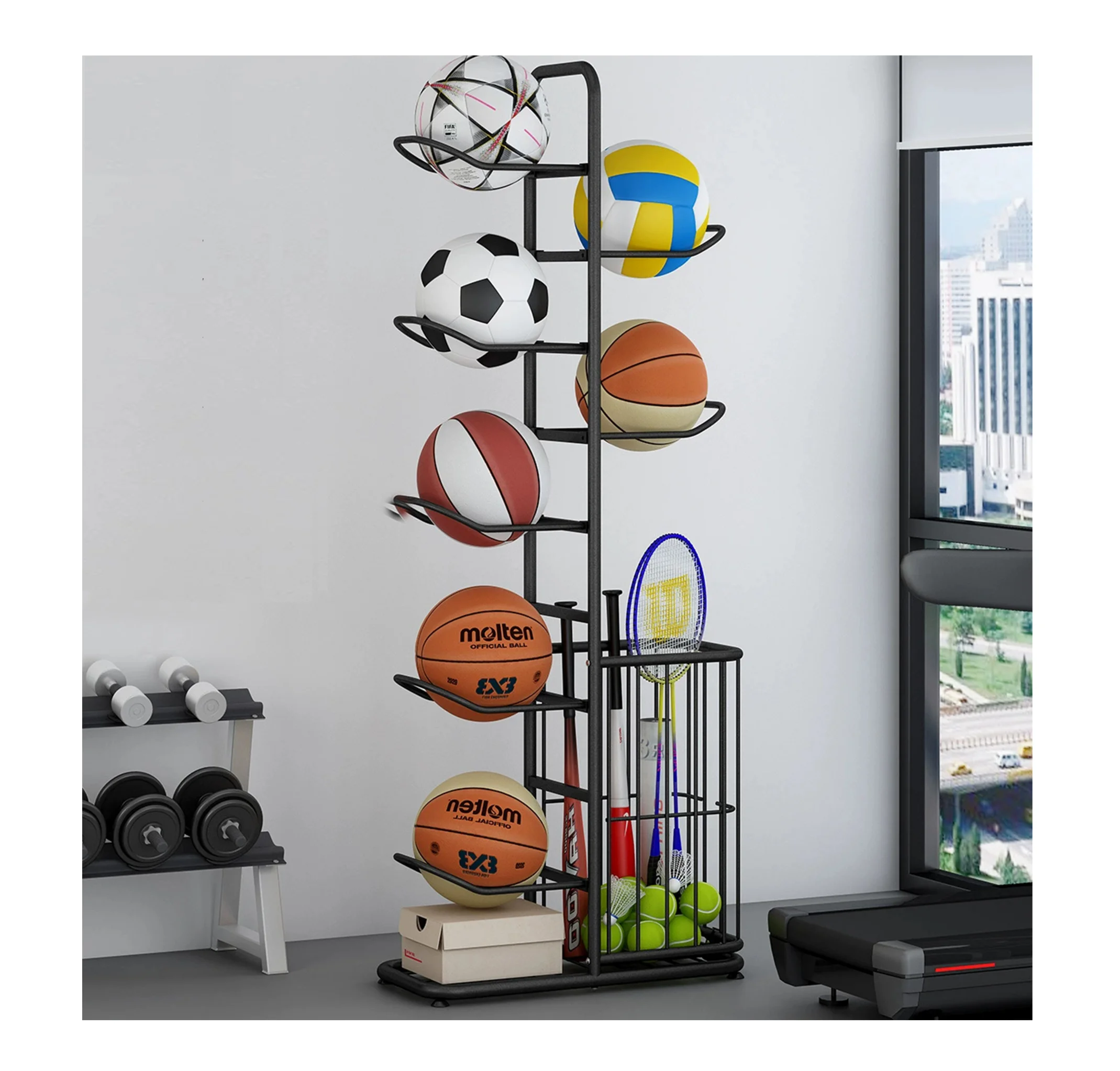 رف تخزين كرة السلة المعدني القابل للتعديل من 7 طبقات، حامل عرض منظم للمعدات الرياضية لصالة الألعاب الرياضية