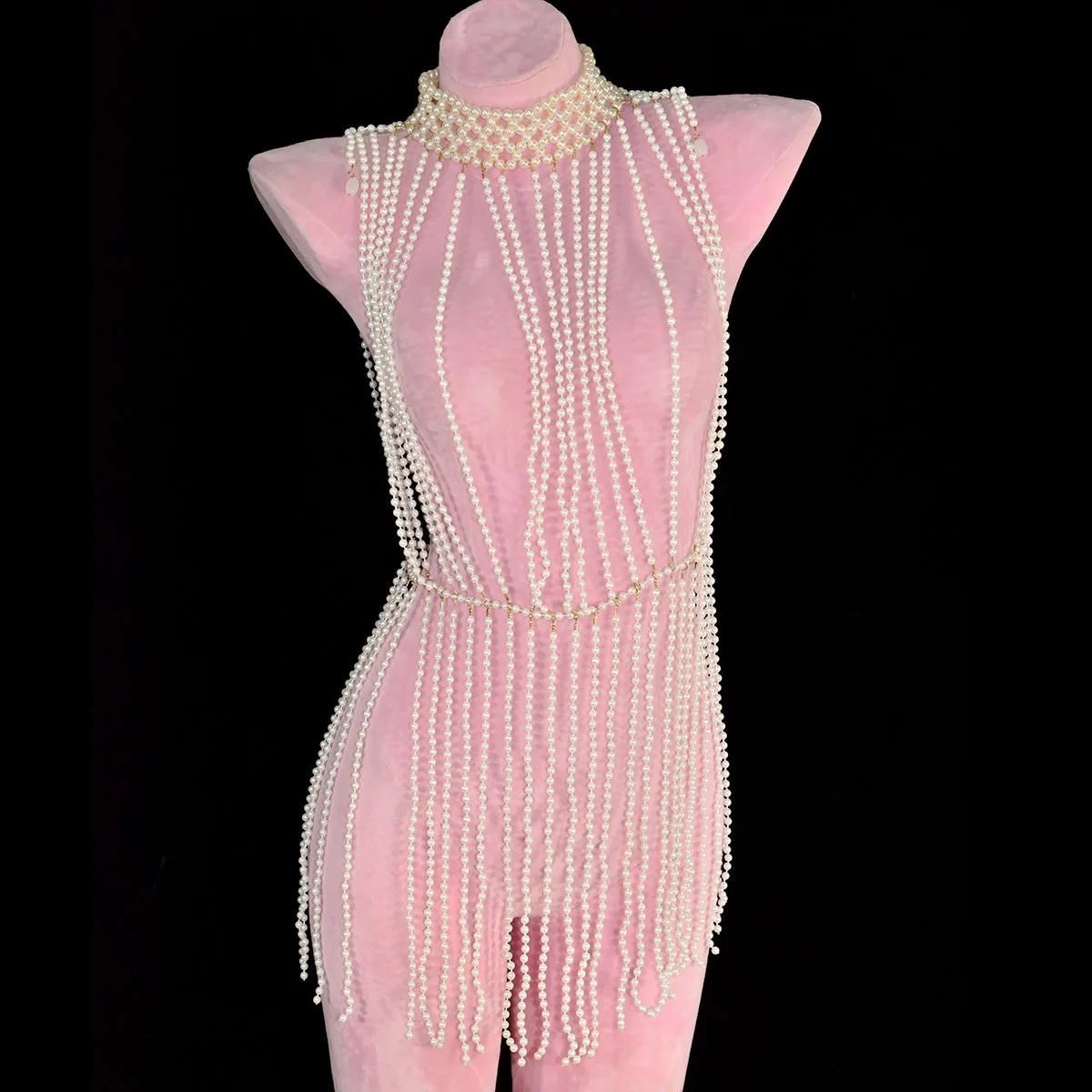فستان كلاسيكي طويل مزين باللؤلؤ الصناعي أنيق مصنوع يدويًا من نسيج الخرز إكسسوارات عرض مسرحي سلسلة جسم الحفلات #1