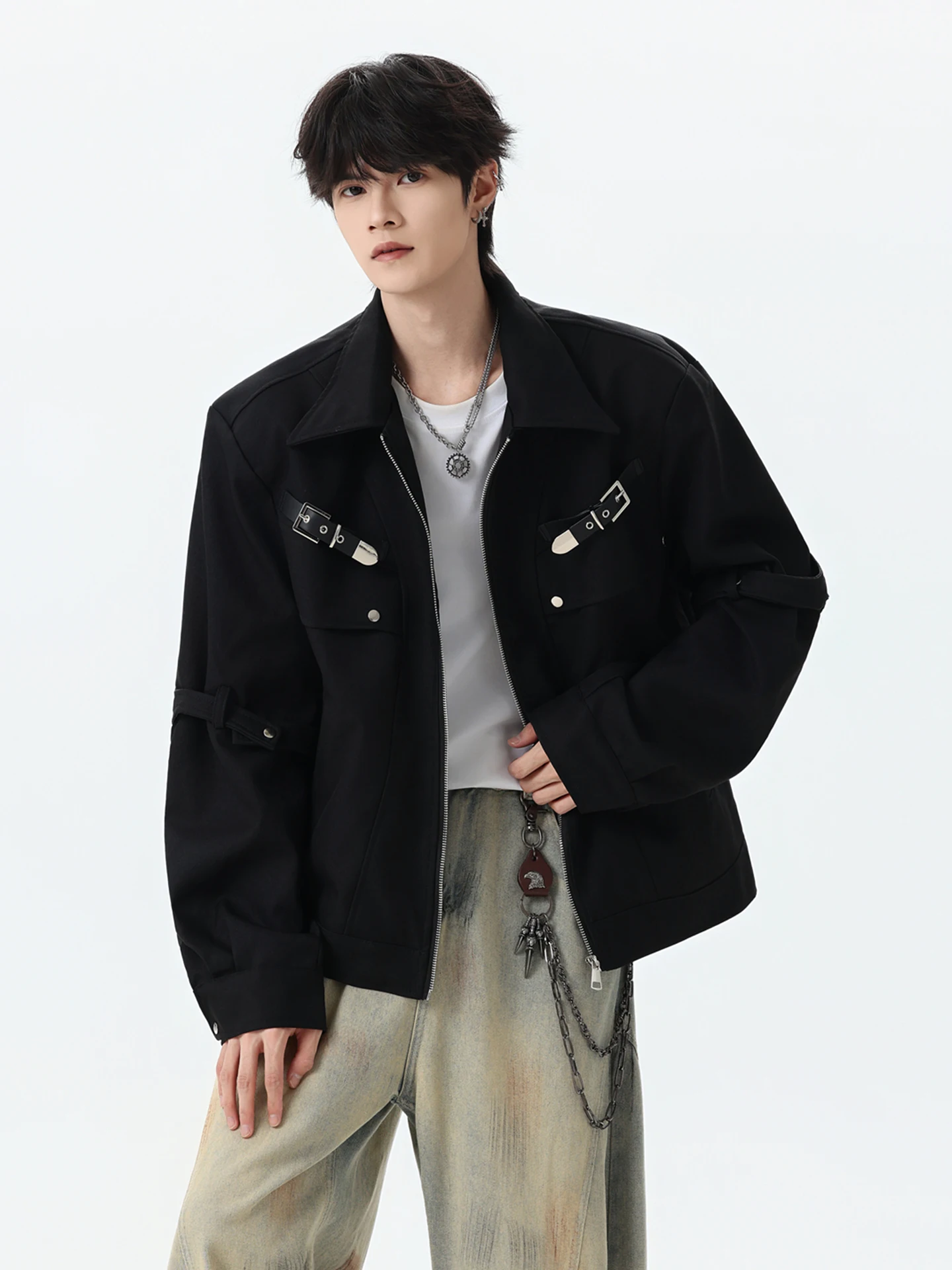American Style Metal Deconstructed Belted Black Motorcycle Jacket Men's Spring Autumn Trendy Outerwear Loose Fit Long Sleeve ...