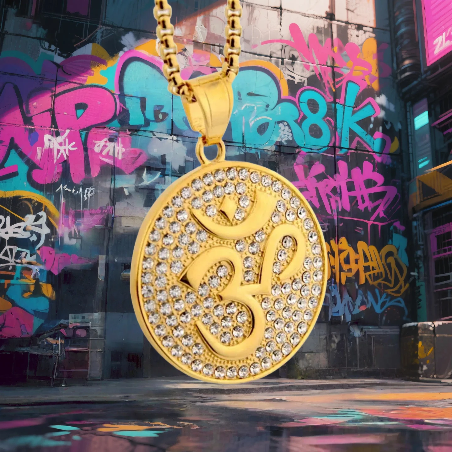 

Hip Hop Iced Out Indian Buddhist Yoga Pendant Gold Color Stainless Steel Zircon OHM Hindu AUM OM Round Necklaces for Men Jewelry