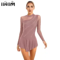 Womens Glitter Rhinestone Figure Skating Jumpsuit Dress Ballet Lyrical Dance Costume Sheer Mesh Patchwork Long Sleeve Dresses