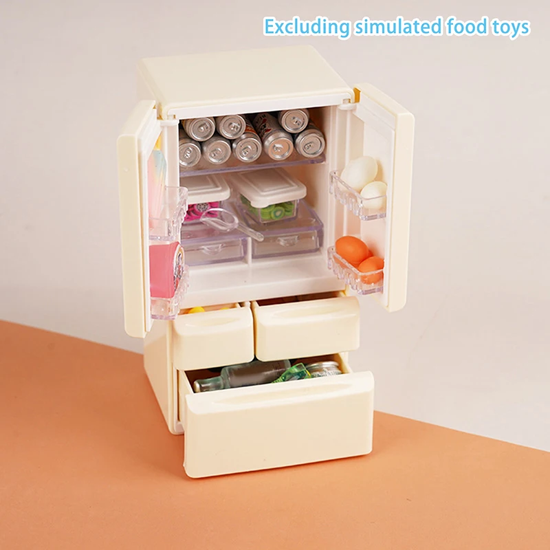 Juego de juguetes de casa de juegos, minirefrigerador de dibujos animados, Escena de cocina, modelo de muebles de bolsillo, 1: 12