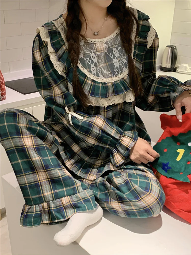 Home New Christmas Green Cotton Lace Plaid Sweet Winter Long Sleeve Pajama Set Women Soft Stripe Loose Princess Sleepwear Ins