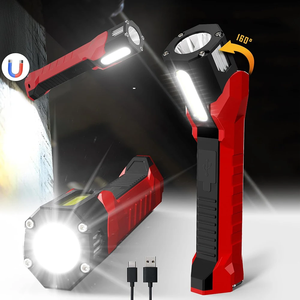 Rechargeable Work Light Super Bright Magnetic Work Light with 160° Rotating Swivel Head 6 Lighting Modes Led Work Flashlight