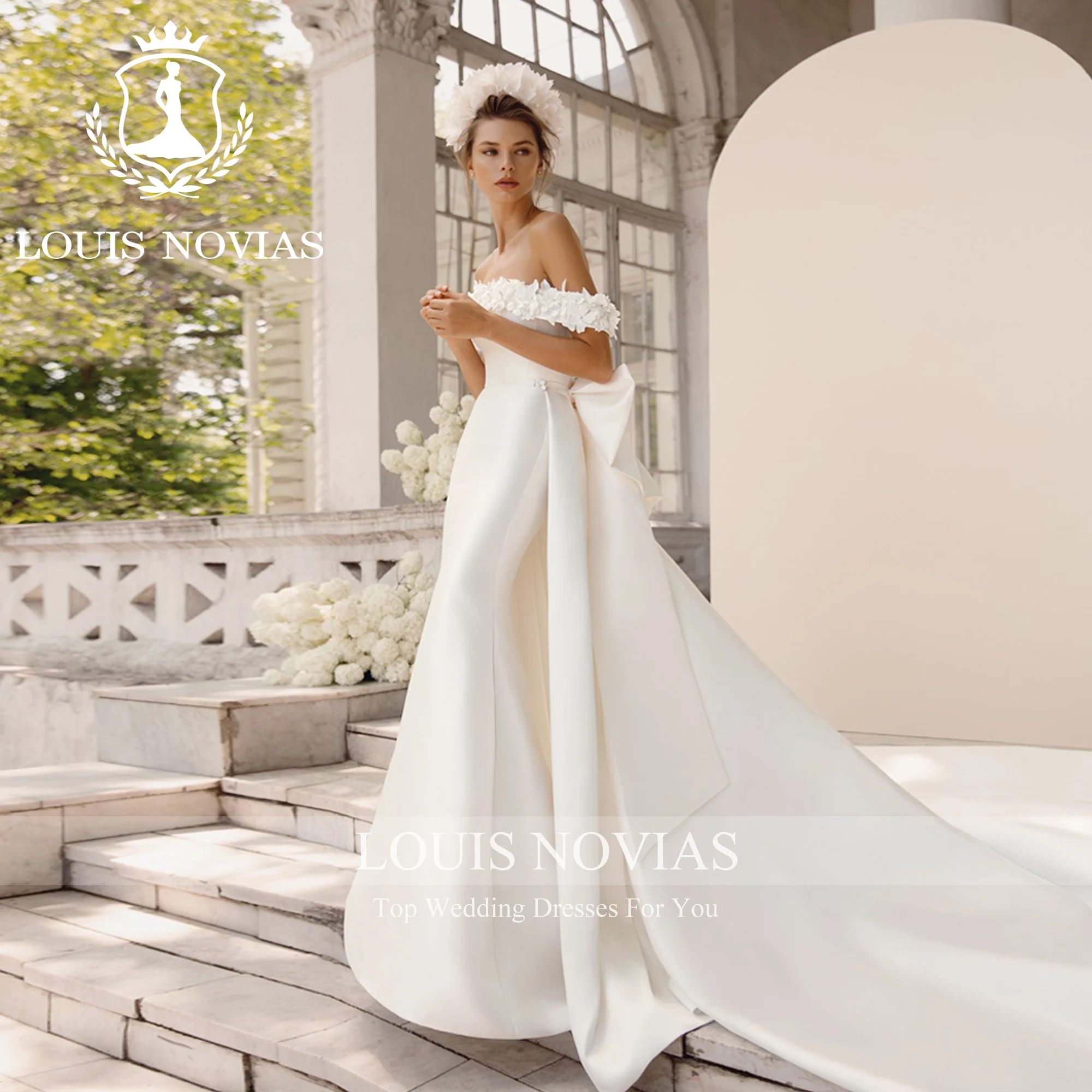 LOUIS NOVIAS Satin Mermaid Wedding Dresses For Women 2023 Off The Shoulder Sweetheart Flowers Bow Detachable Train Wedding Gown