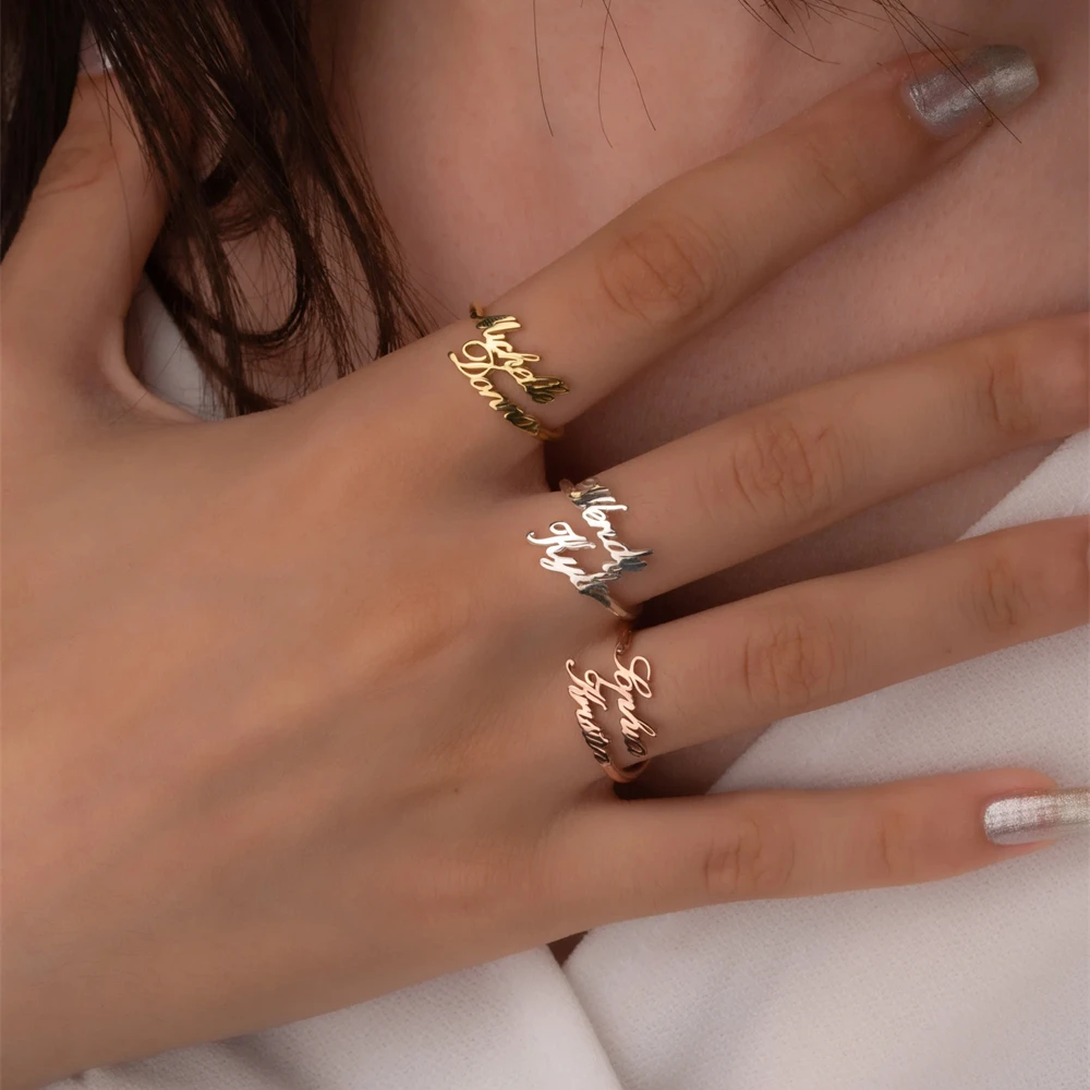Customized Double Names Rings For Women Fashion Stainless Steel Personalized Adjustable Hearts Family Ring Engagement Gift