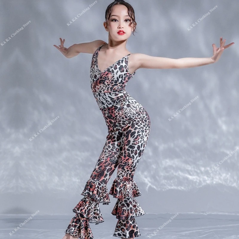 Rumba Leopard sukienka do tańca latynoskiego dziewczyny konkurs Chacha Tango Salsa taniec latynoski sukienka sceniczna Showgirl spódnica do tańca latynoskiego dziecko