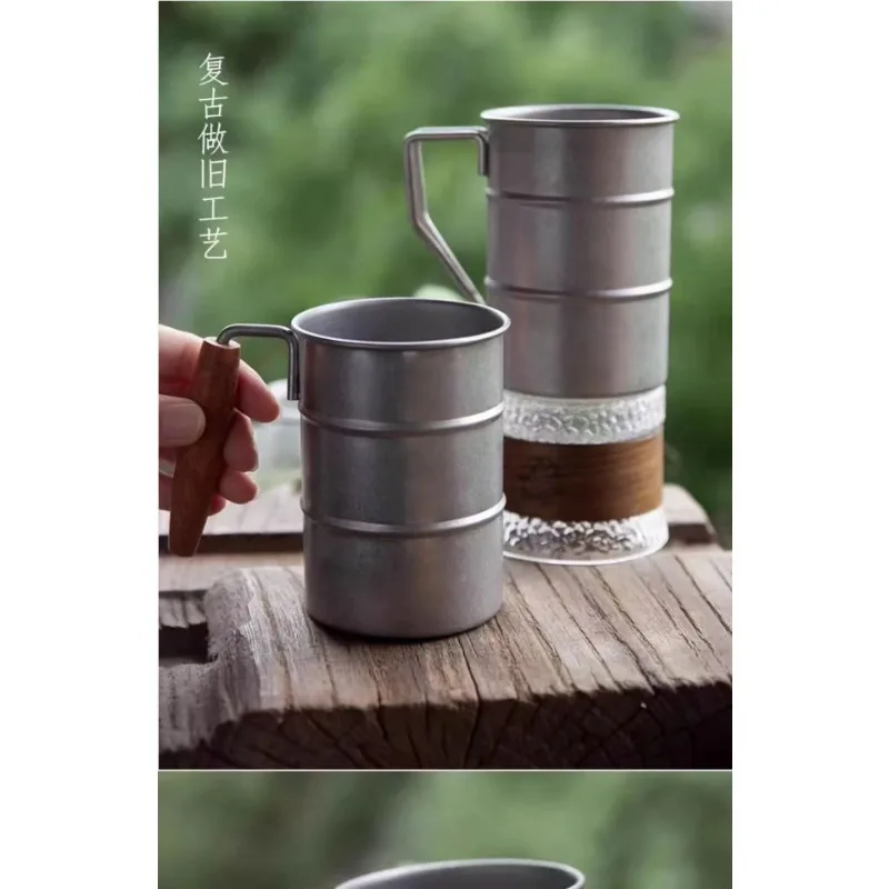 350ml stainless steel retro beer mug wooden handle anti-fall camping mug outdoor style coffee mug travel
