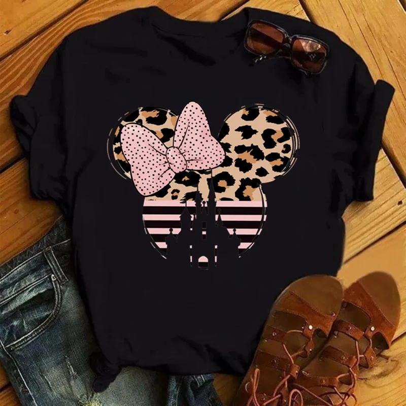 Disney T Shirt Women Flower Minnie Mouse Clothes Leopard Print Kawaii T-Shirt Summer Tops Harajuku Black Women Tees