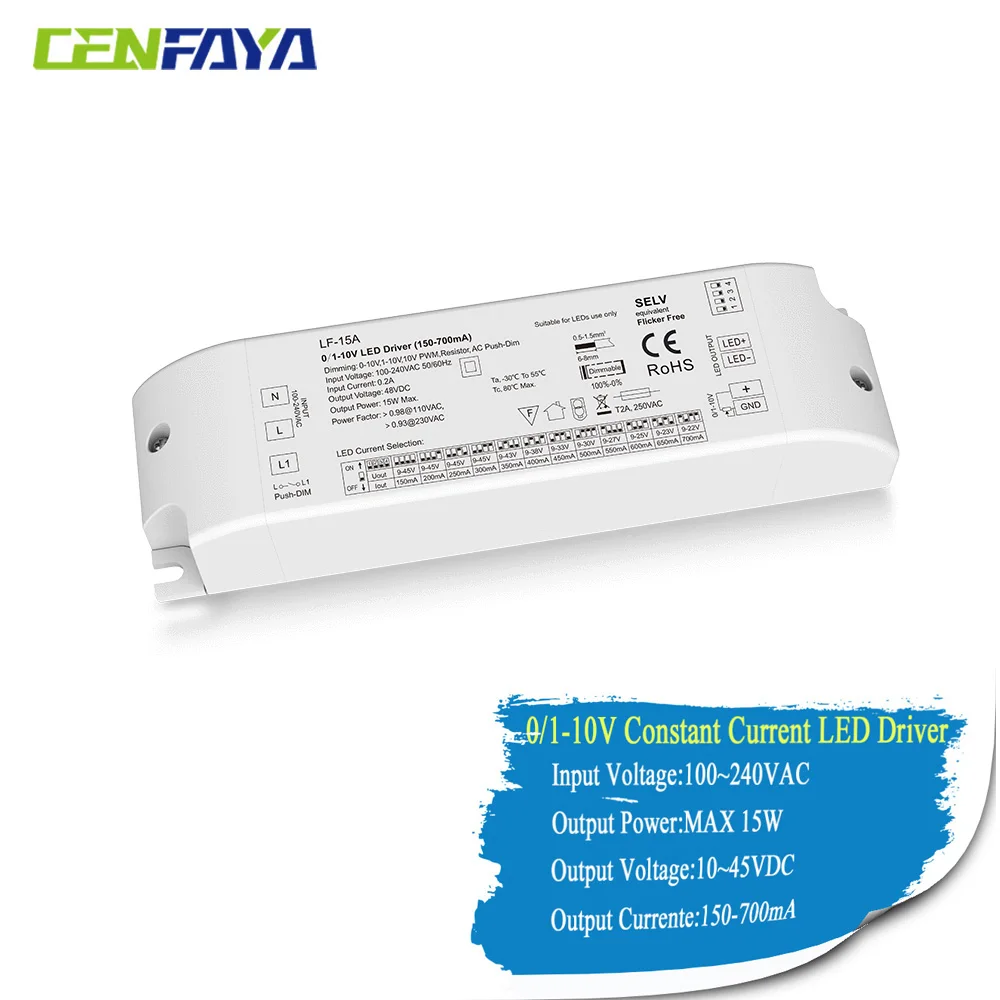 

CENFAYA 15W Dimmable LED Driver Smooth Flicker Free Dimming 0-10V Constant Current Output 10V PWM With Push Switch Dimming 24V