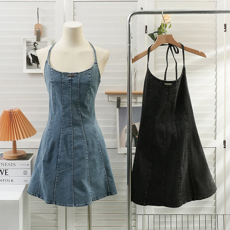 New Fashion Women Denim Dress 2023 Sexy Halter Lace Up A-Line Vestidos All-Match Vintage Backless Mini Dresses