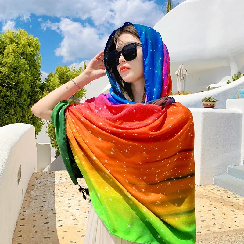 

Summer Vintage Ethnic Scarf UV Protection Beach Wrap Travel Shawl Colorful Stars Lightweight Breathable Small Shawl