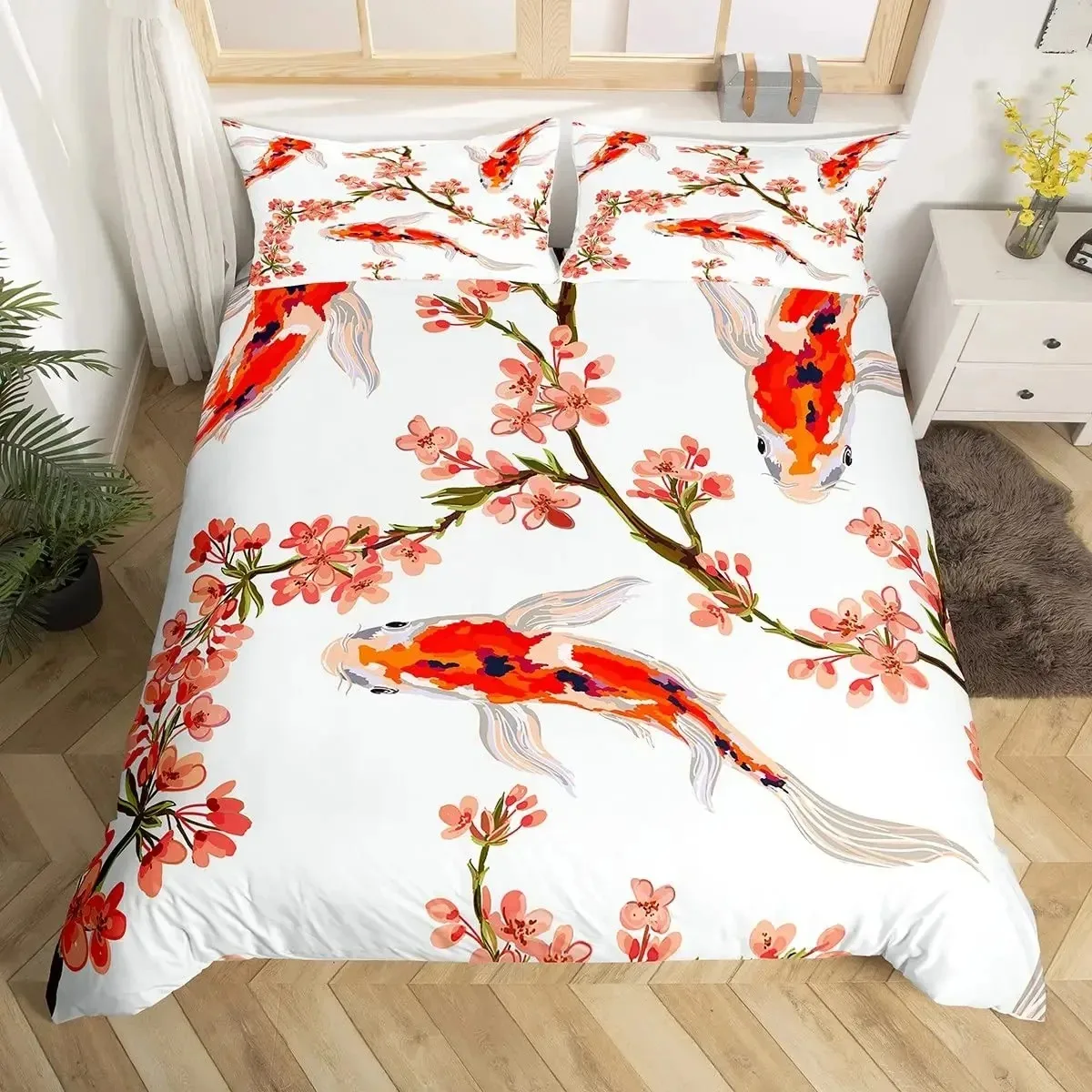 

Koi Fish Duvet Cover Set Carp Tie Dye Bedding Sets Traditional Chinese Ink Art Bedspread Lotus Leaf Nature Quilt Cover Full Size