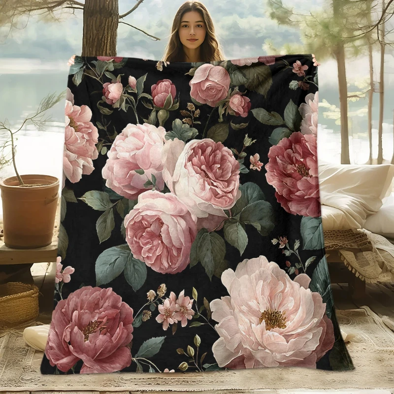 Black Background Pink Vintage Peony Floral Throw Blanket,Warm Sofa,Bed Cover,Rest Area,Birthday Holiday Household Gifts