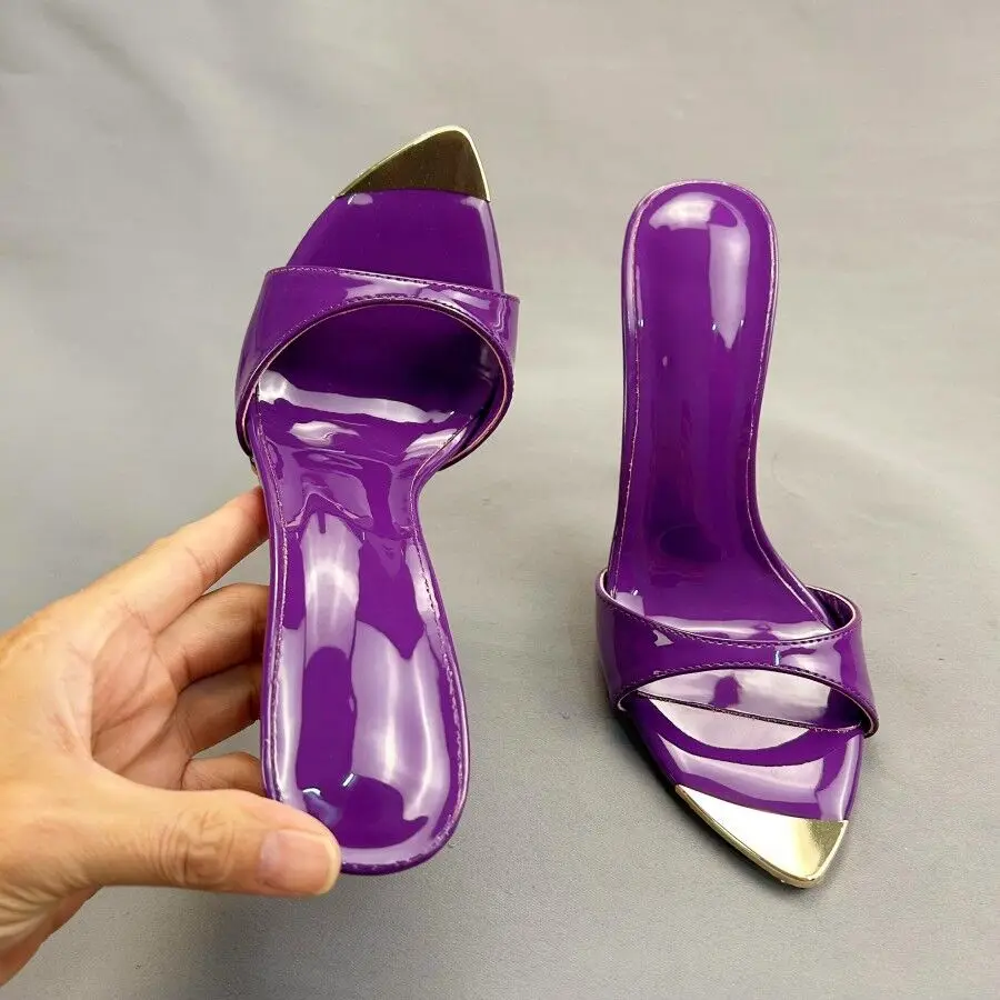 Designer New Shiny Purple Patent Women 12cm Sexy Pointy Toe Slip on Slippers Ladies Stilettos Sandals High Heel Party shoes