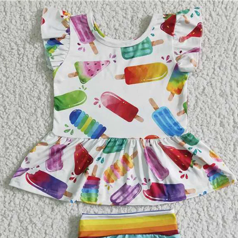 Toddler New Summer Fashion  Ice Cone Print Ruffles Bummies Suit  Wholesale Baby Girls Children Boutique Outfits Clothing