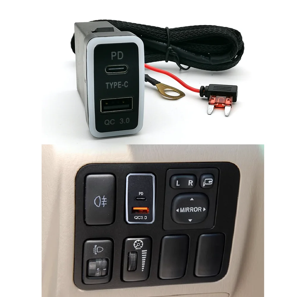 Car Quick Charging Adapter With Cable PD QC 3.0 USB Charger for Toyota Tacoma Land Cruiser Reiz Hilux Prado 120 FJ CRUISE