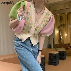 Cardigan Women Autumn Knitted Patchwork Japanese Style Sweet Leisure Daily All-match Fashion Loose Puff Sleeve кардиган Girl New