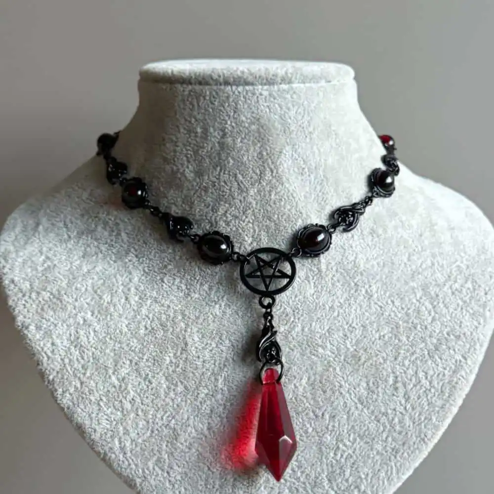 Vampire Crystal Choker, Gothic jewelry, witchcraft accessories, blood droplets, Pentagram, paganism, mystery, necklace For Women