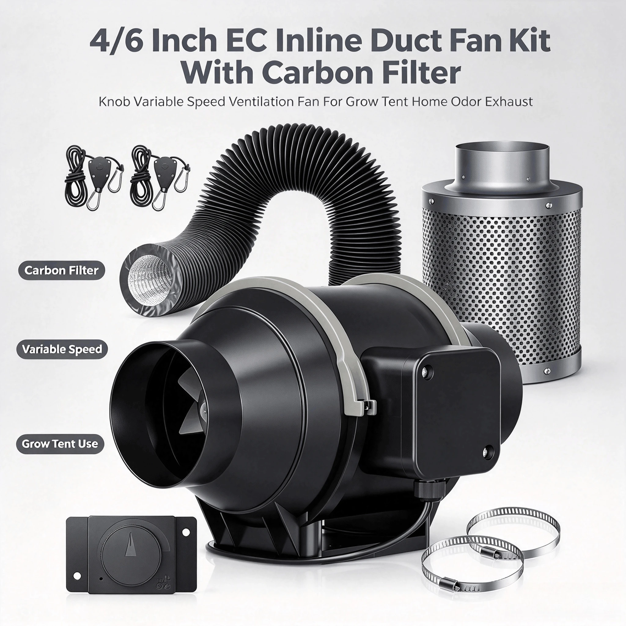 4/6 Inch EC Inline Duct Fan Kit With Carbon Filter, Knob Variable Speed Ventilation Fan For Grow Tent Home Odor Exhaust