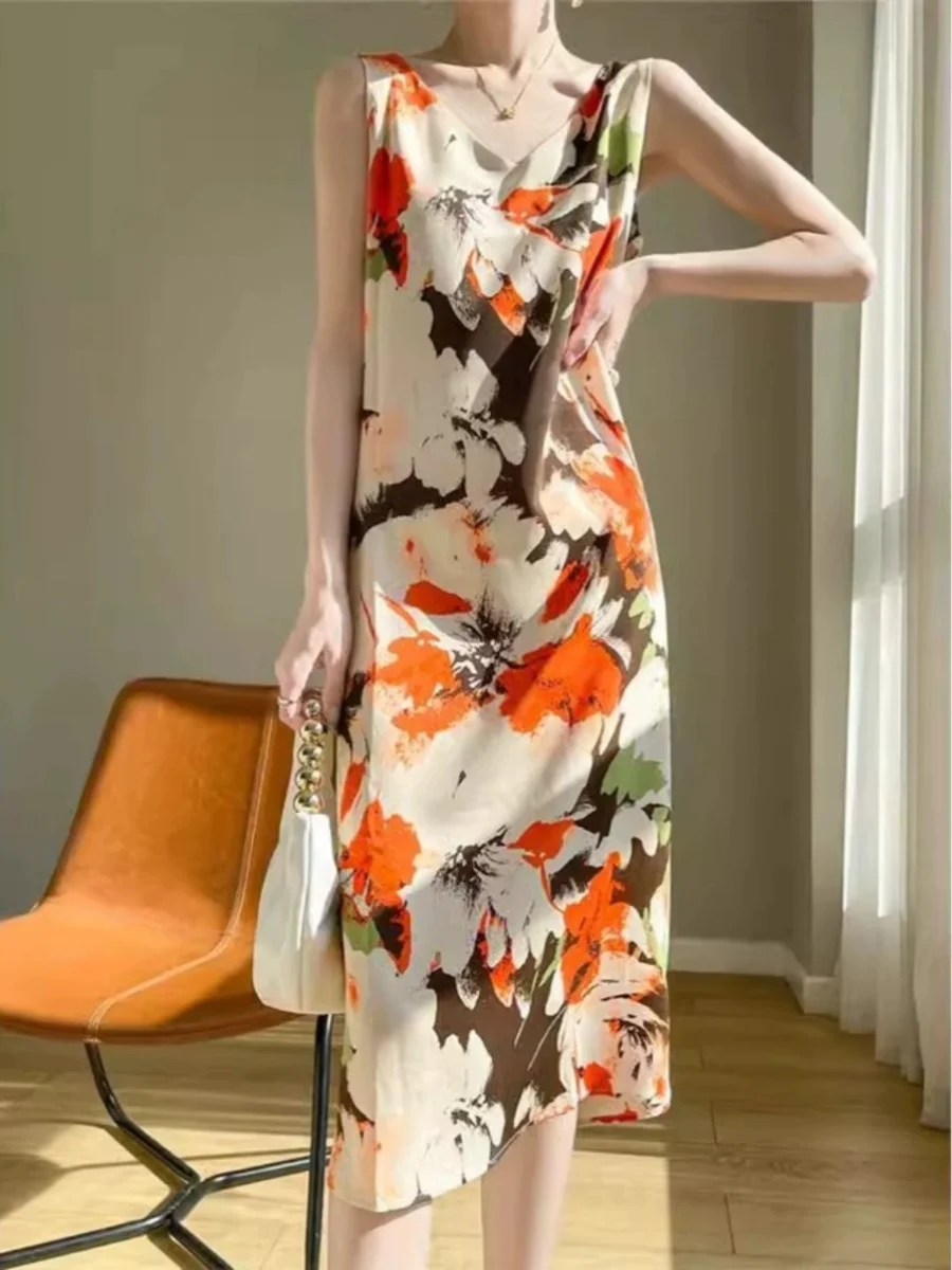 Ele Acetato Cetim Verão Dr V-Ne Midi Comprimento Feminino Emagrecimento Estampado Strapl Base Camada Saia Linha A Sle