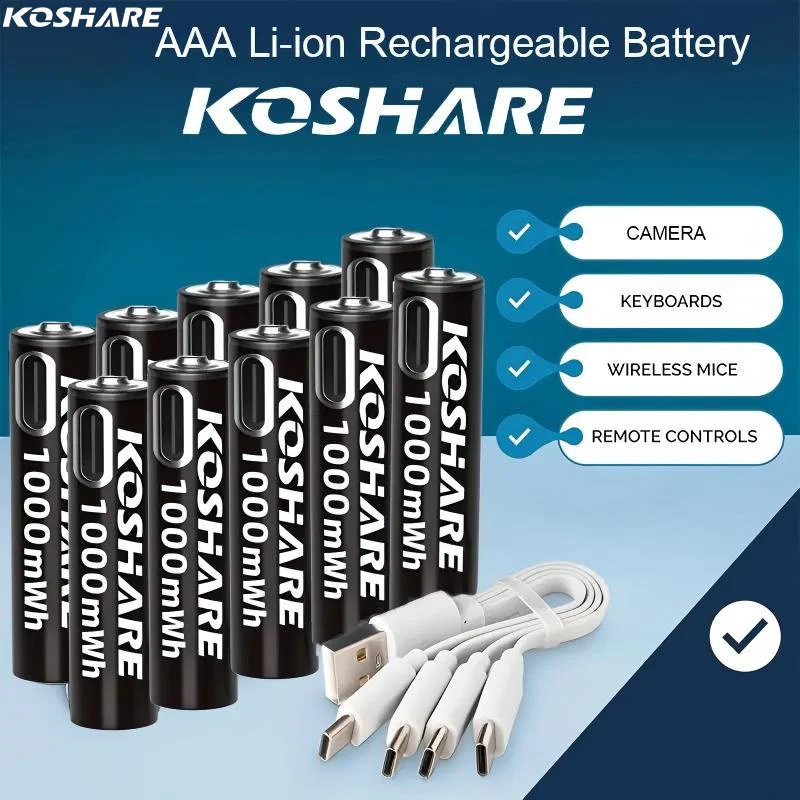 

KOSHARE USB-C 1.5V AAA lithium battery 1000mWh Type c rechargeable, used for remote control toys, smart door locks, mouse
