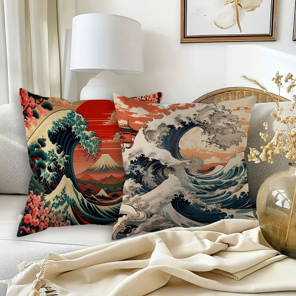 Tsunami Waves Japanese Illustration Pillowcase Wedding Decorative Linen Pillow Case For Home Pillow Cover 45X45(One Sides)