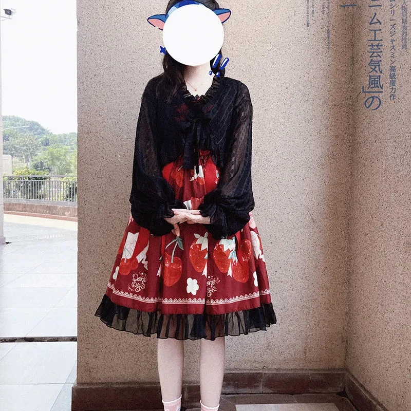 Sweet Lolita Chiffon Lantern Sleeve Cropped Cardigan Jackets Women Harajuku Kawaii See Through Thin Coats Chic Bow Jk Outerwear