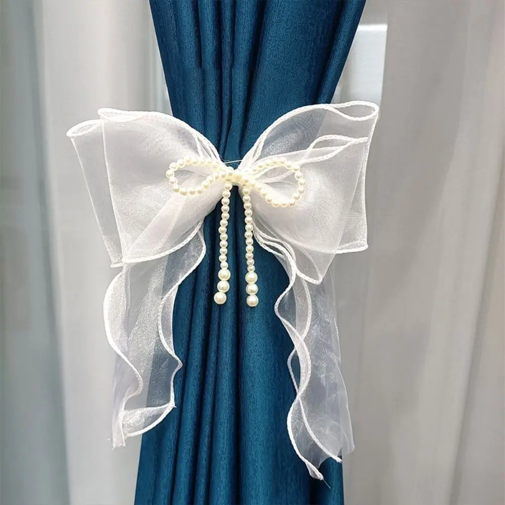 Easy to Use Curtain Bow Tiebacks Pearl Bow Design Light Luxury Pearl Bow Curtains Straps Princess Style Curtains Binding Rope