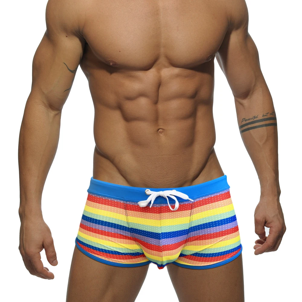 Summer Side Split Mens Swimwear Sexy U Pouch Rainbow Beach Swimming Trunks Nylon Quick Dry Board Shorts Male Sport Bathing Suit