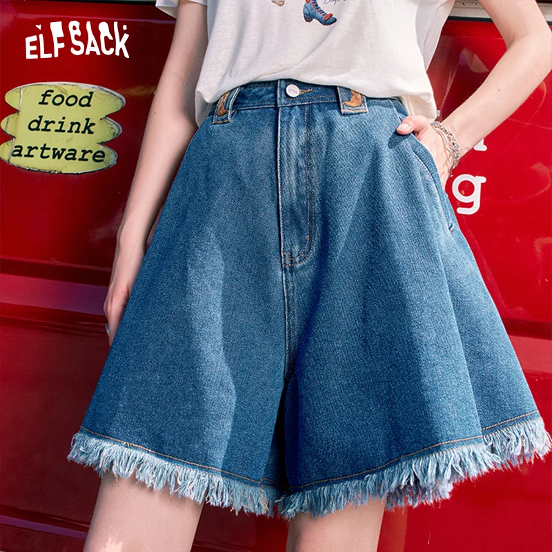 ELFSACK-Shorts jeans retro azul profundo para mulheres, jeans casual de comprimento médio, franjados, verão, novidades, 2022