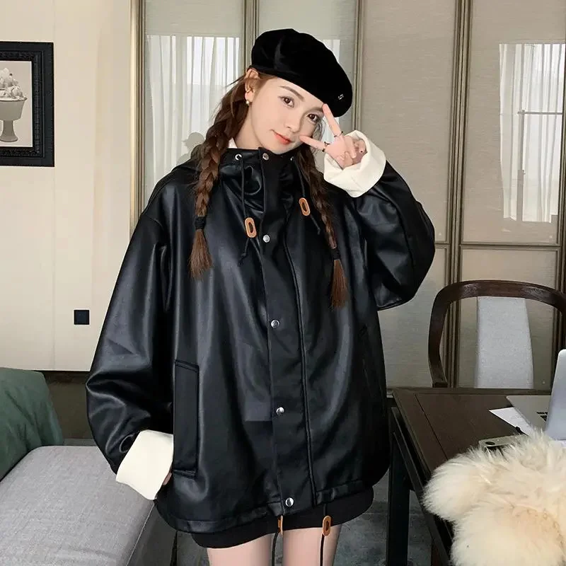 

Black Hooded Leather Jacket for Women 2024 Spring and Autumn New Item Loose Sweet and Cool Style Retro Loose PU Jacket Explosive