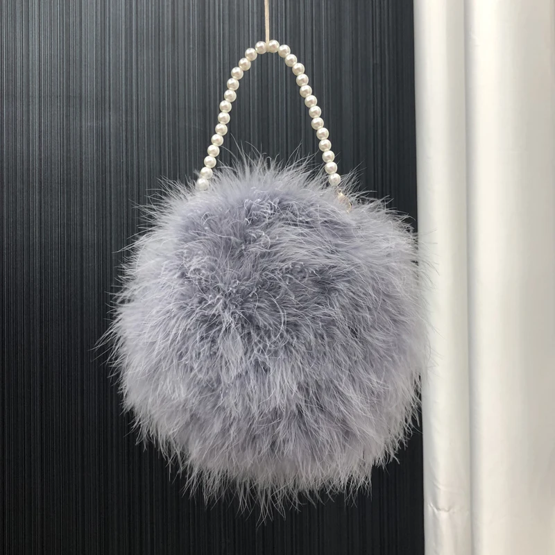 Real Ostrich Feather Handbag for Women Mini Purse Clutch with Pearl Chain Luxury Evening Party Round Bag